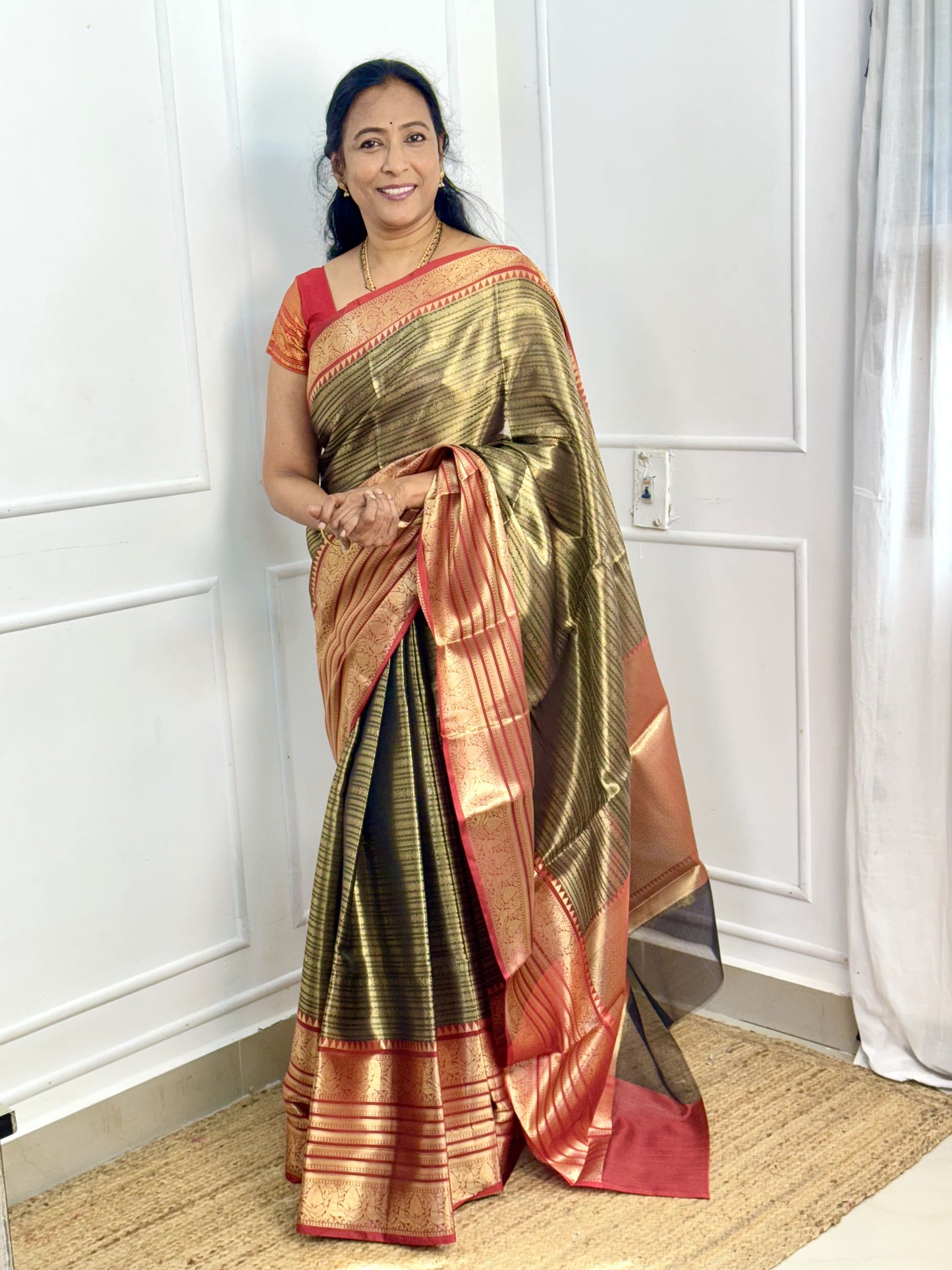 Grey with Maroon Border Semi Kathan Saree