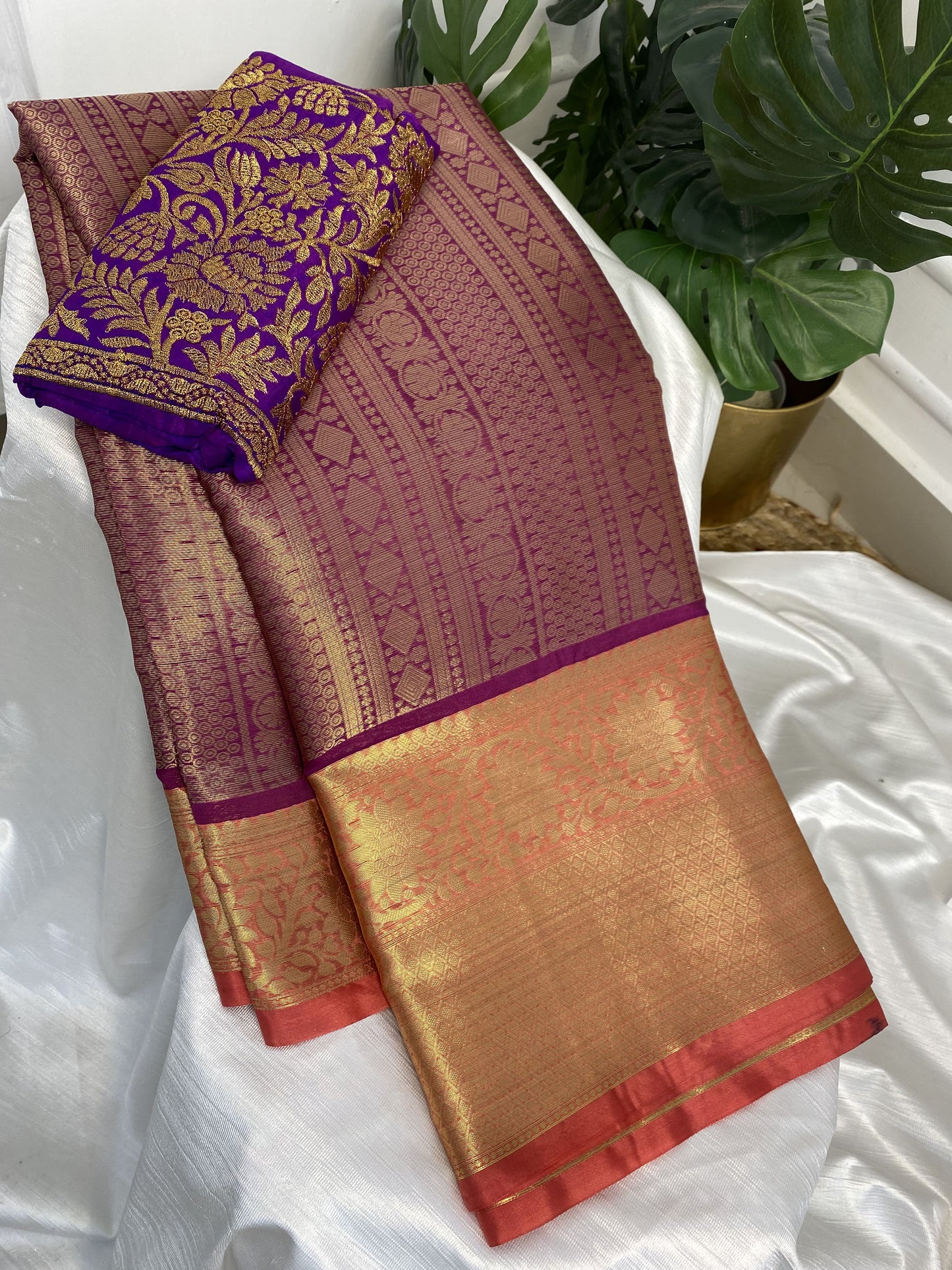 Purple Semi Kathan Silk Saree with Work Blouse Combo