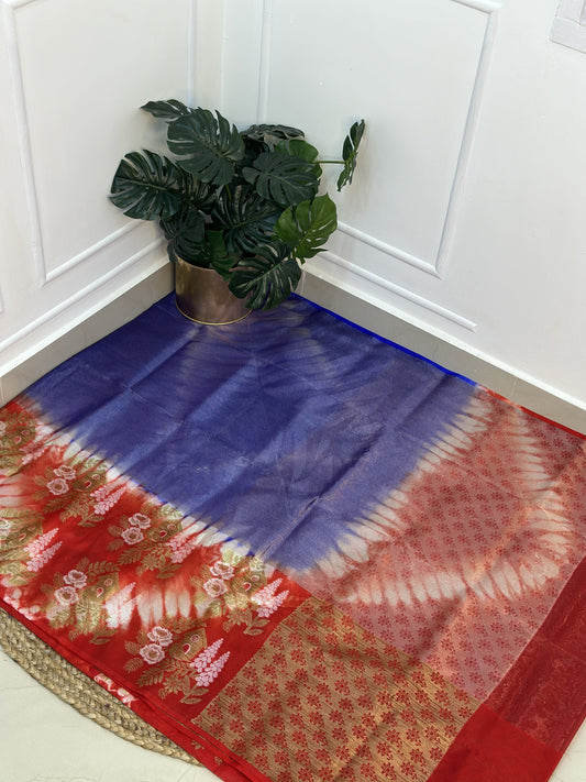 Blue Red Tissue Saree