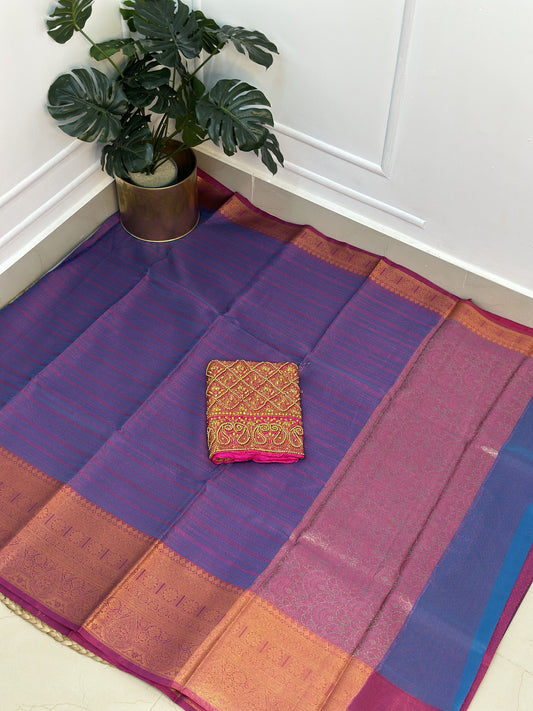 Purple Pink Big Border Kora Muslin Saree with Work blouse combo