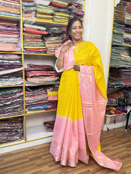 Yellow with Pink Mashmallow Saree