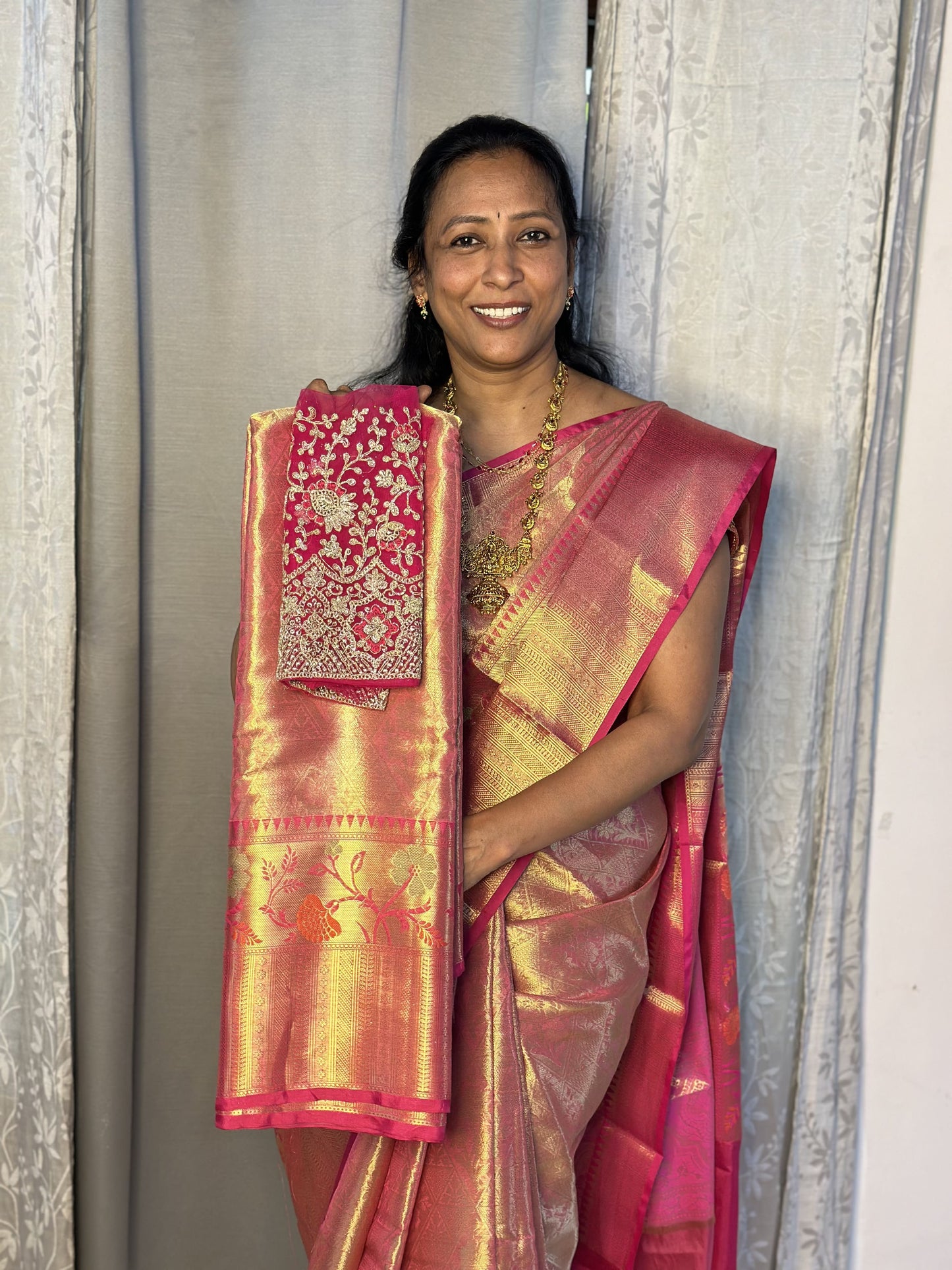 Pink Tissue Saree with Work Blouse Combo