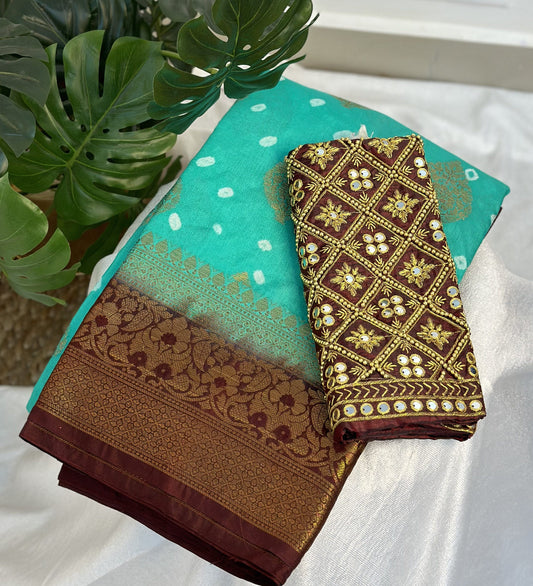 Rama Green Brown Warm Silk Saree with work blouse combo