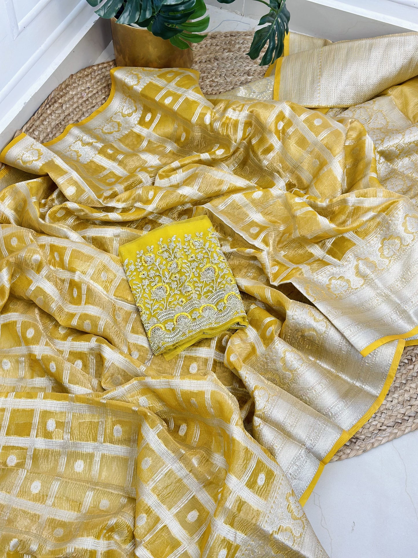 Light Yellow Crushed Tissue Saree with Work Blouse Combo