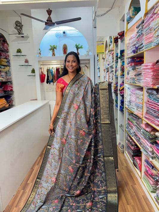 Grey Viscose Dola Silk  Saree