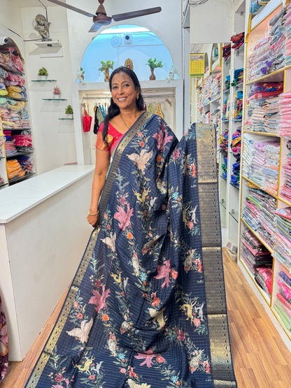 Dark Blue Viscose Dola Silk Saree
