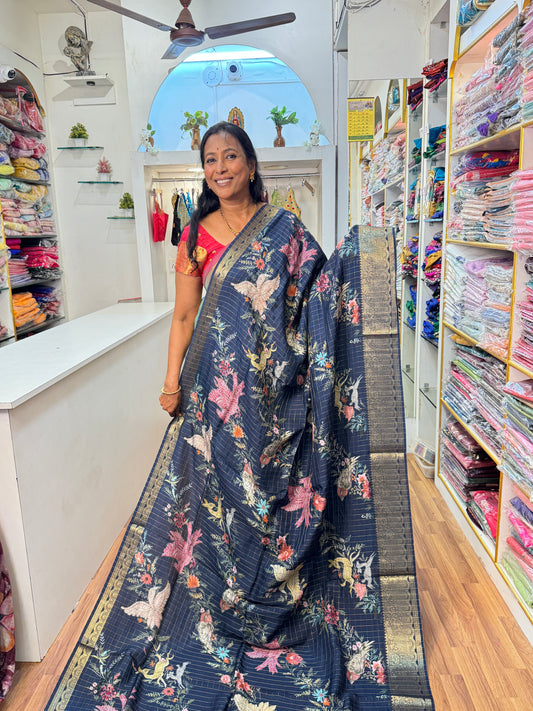 Dark Blue Viscose Dola Silk Saree