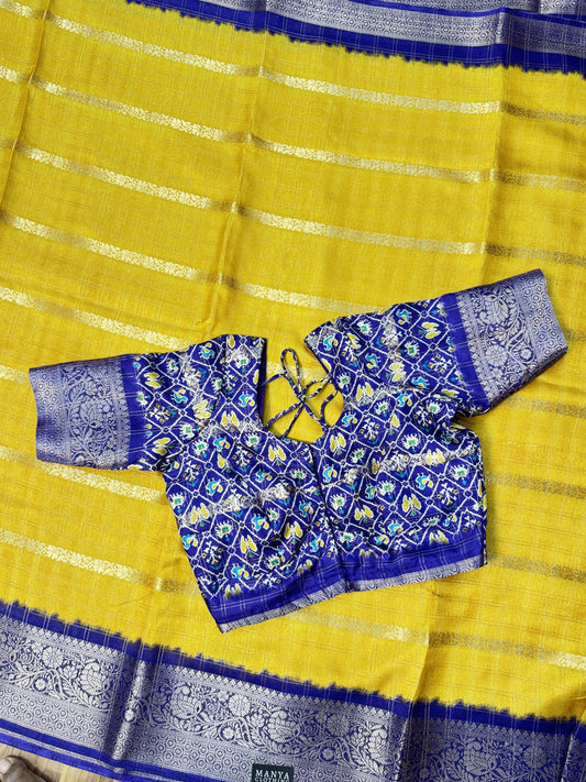 Yellow with Royal Blue Mashmallo Saree With Stitched Blouse