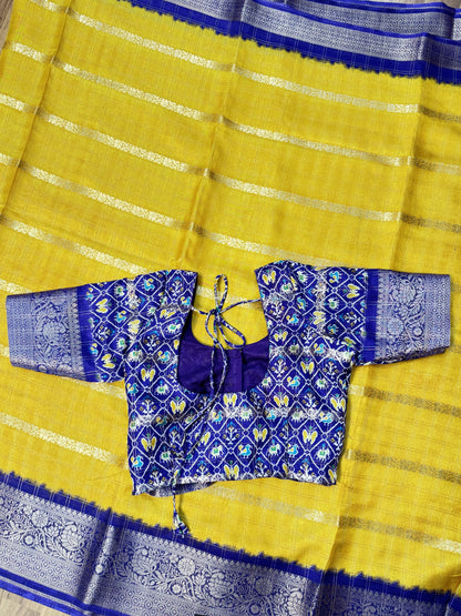 Yellow with Royal Blue Mashmallo Saree With Stitched Blouse