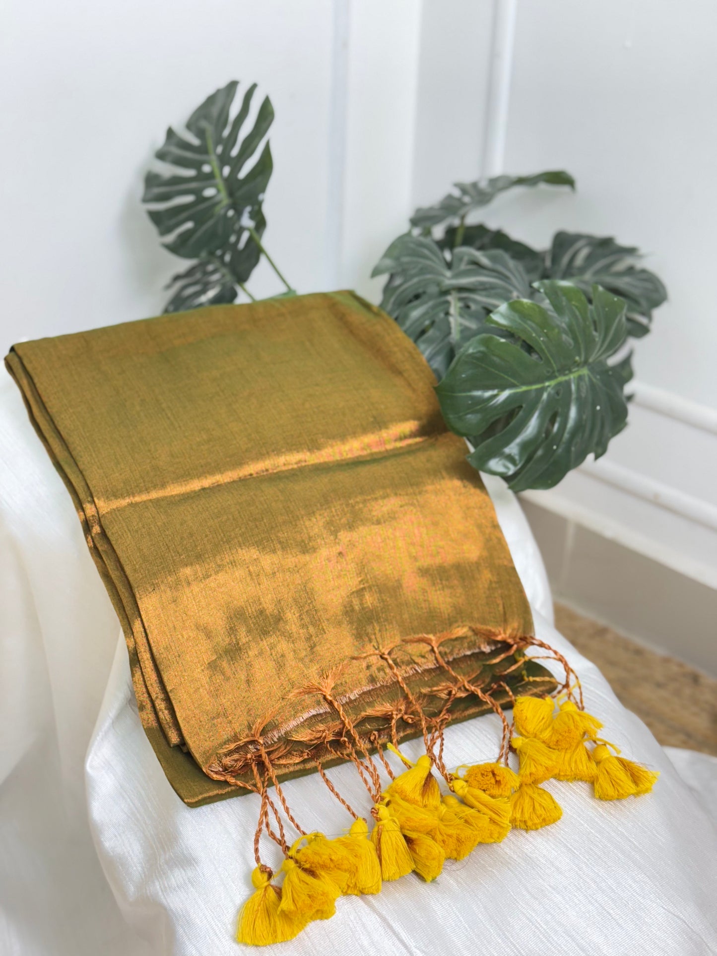 Copper Green Yellow Tassels  Plain Tissue Saree