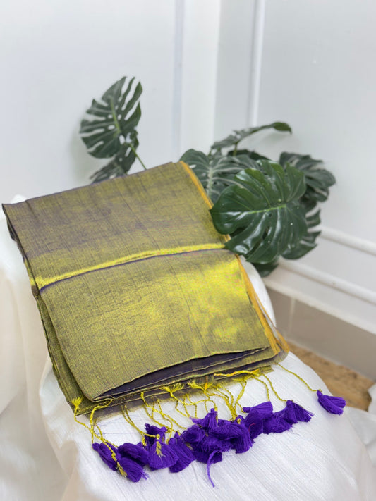 Golden Lavender Violet  Tassels  Plain Tissue Saree