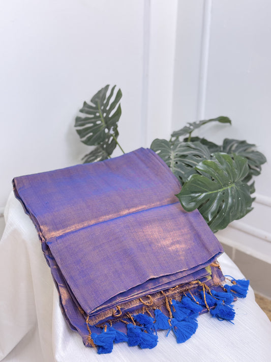 Copper Blue Tassels  Plain Tissue Saree