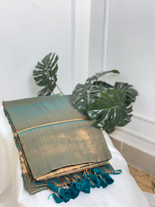 Copper Rama Green Tassels  Plain Tissue Saree