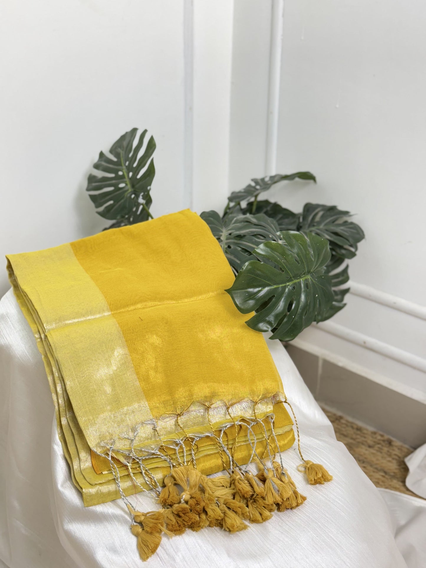Off-White Yellow Khadi Tissue Saree