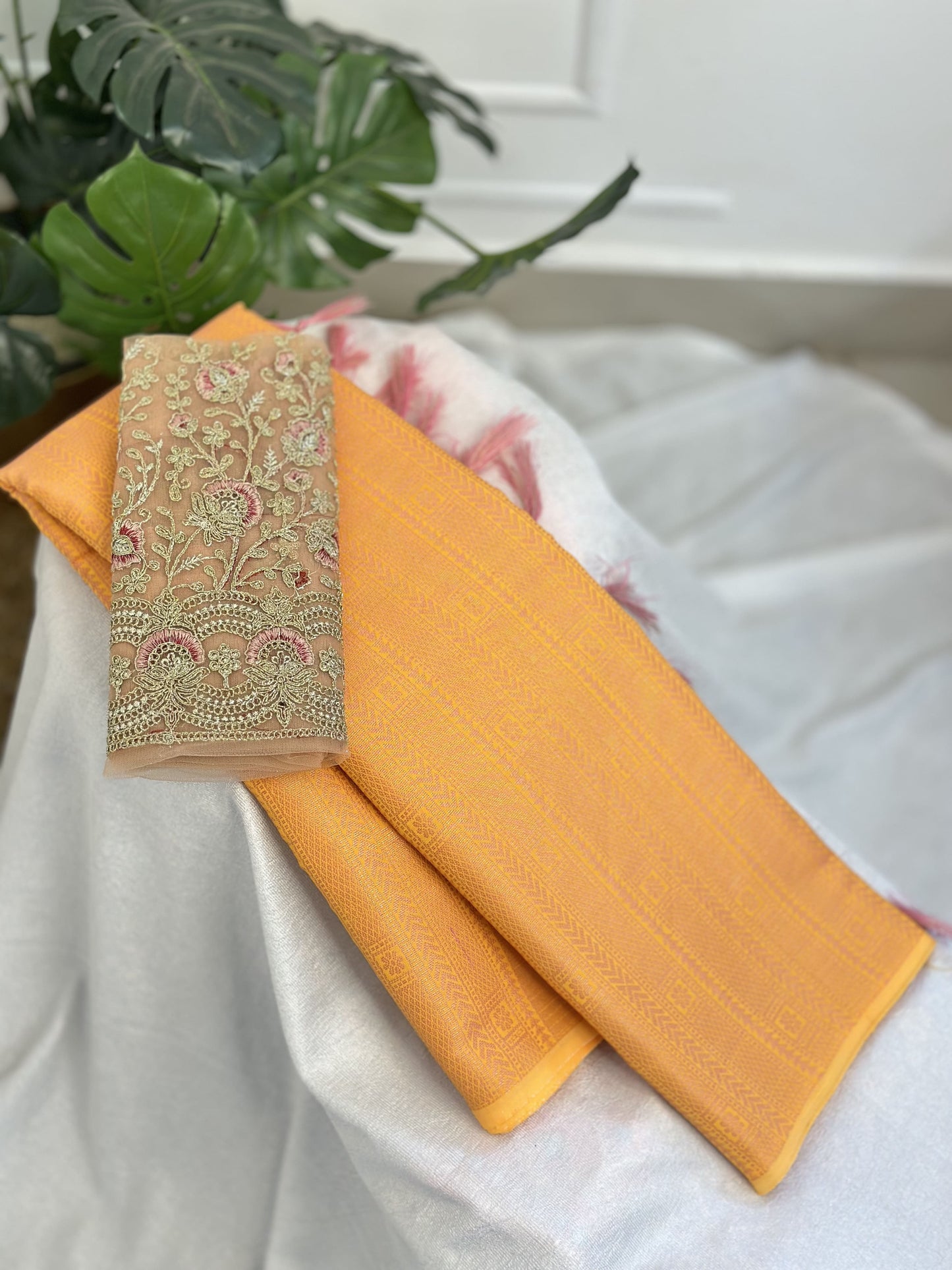 Orange Copper Silk Saree with Work Blouse Combo