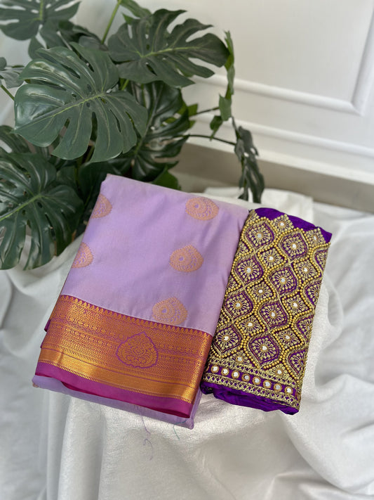 Lavender Purple Semi Silk Saree with work blouse