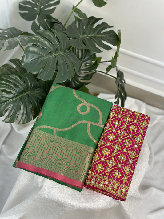 Green Pink Semi Katan Silk Saree with work blouse combo