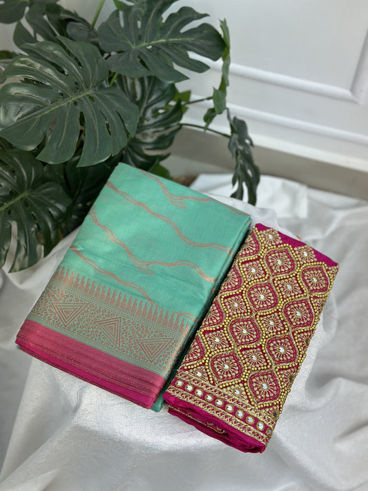 RamaGreen Pink Semi Katan Silk Saree with work blouse combo