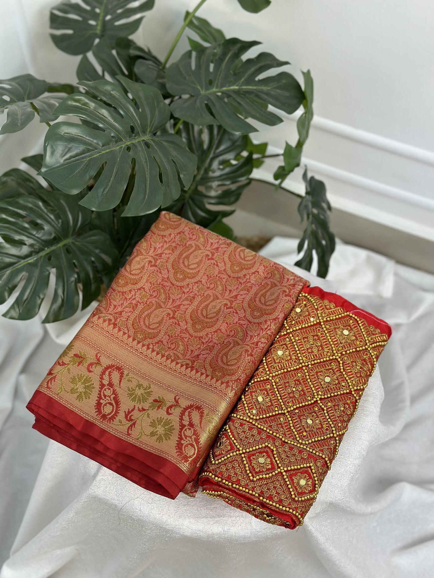 Red Semi Katan Silk Saree with work blouse combo