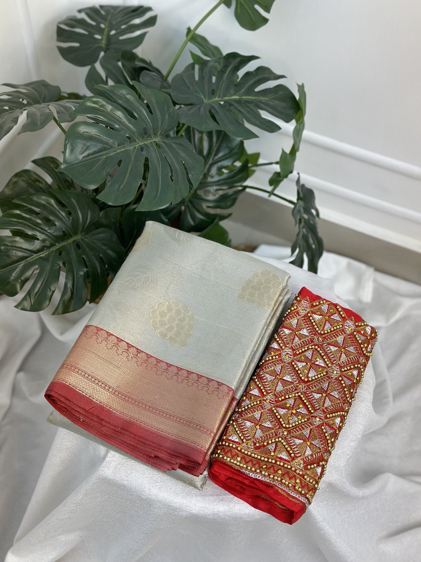 Silver Red Tissue Saree with Work Blouse Combo