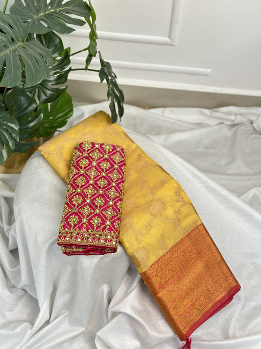 Yellow Pink Semi Katan Silk Saree with work blouse combo