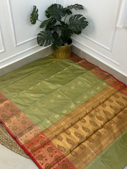 Light Olive Green Red Semi Katan Silk Saree with work blouse combo