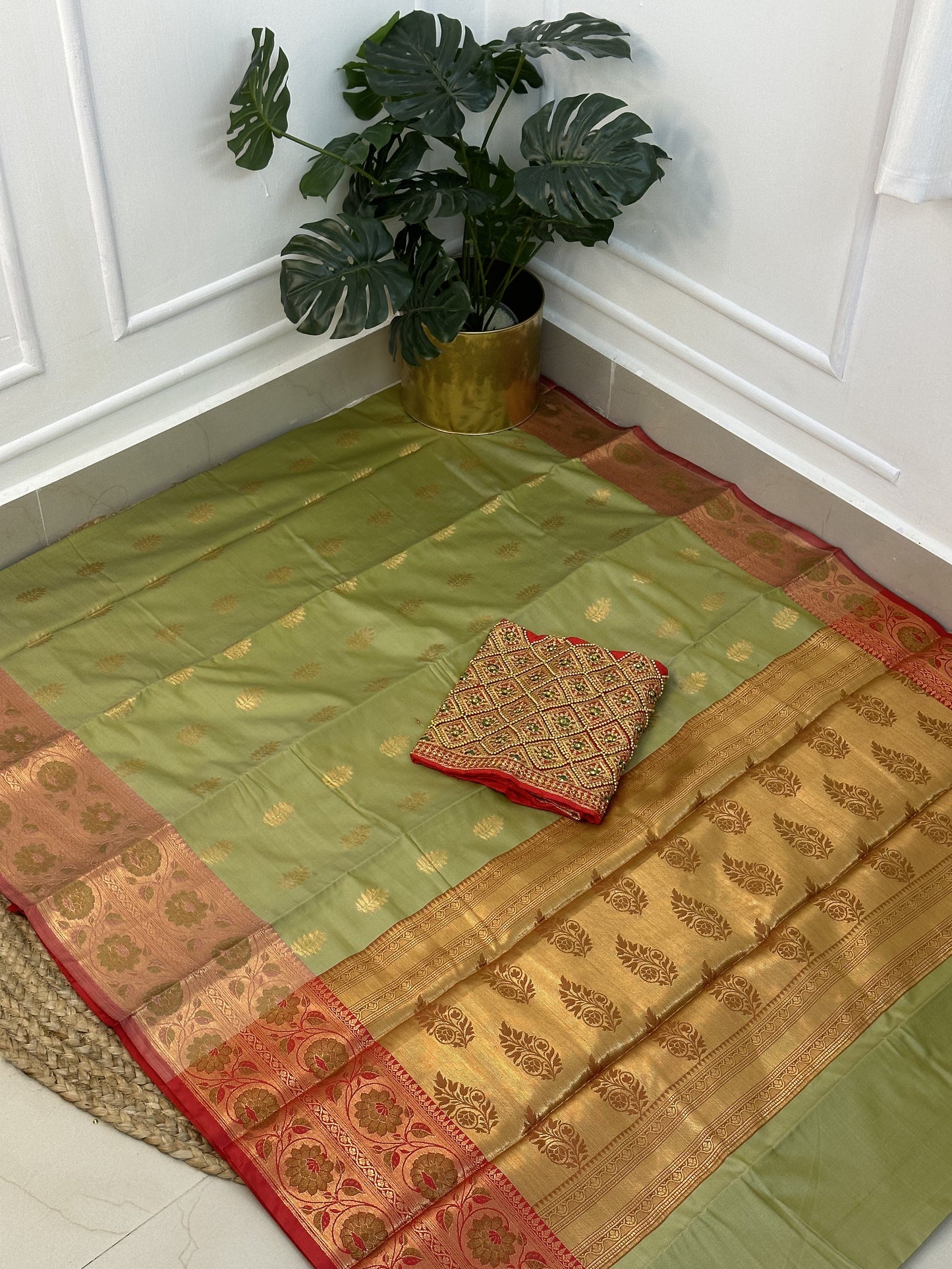 Light Olive Green Red Semi Katan Silk Saree with work blouse combo