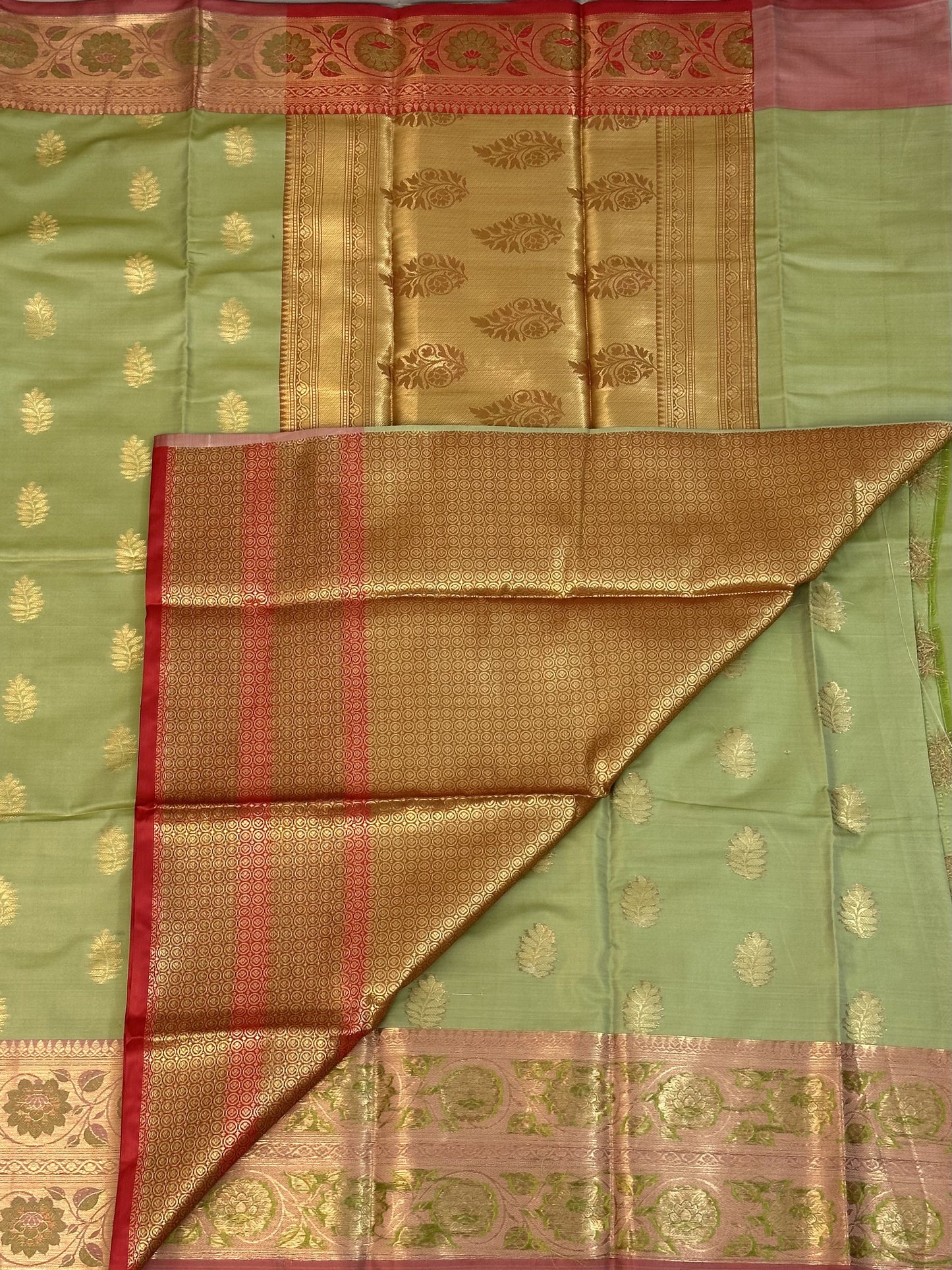 Light Olive Green Red Semi Katan Silk Saree with work blouse combo