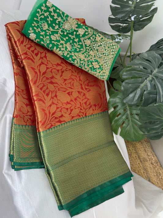 Red Semi Kathan Saree With Work Blouse