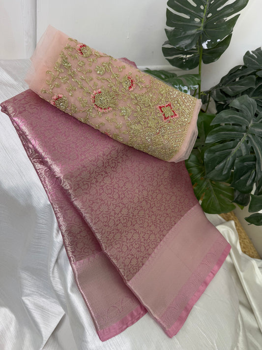 Baby Pink Tissue Saree With Work Blouse