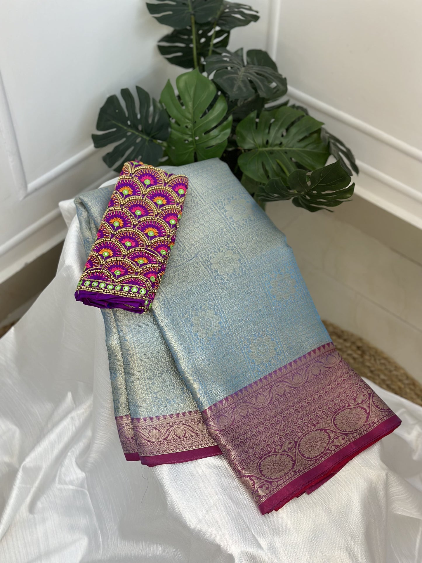 Light Blue Purple Tissue Saree with Work Blouse Combo