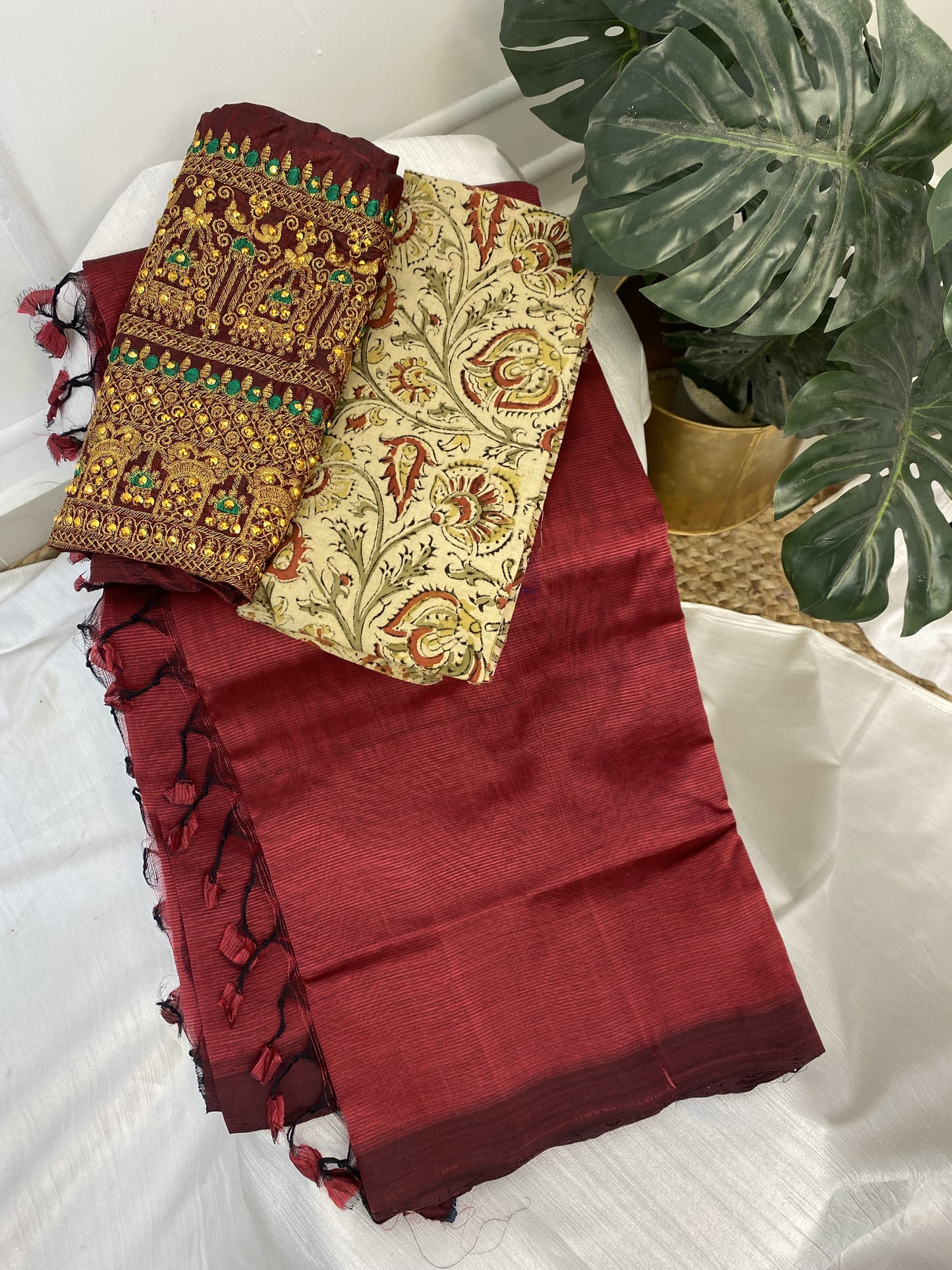 Maroon Mangalgiri Plain Silk Saree with Work Blouse