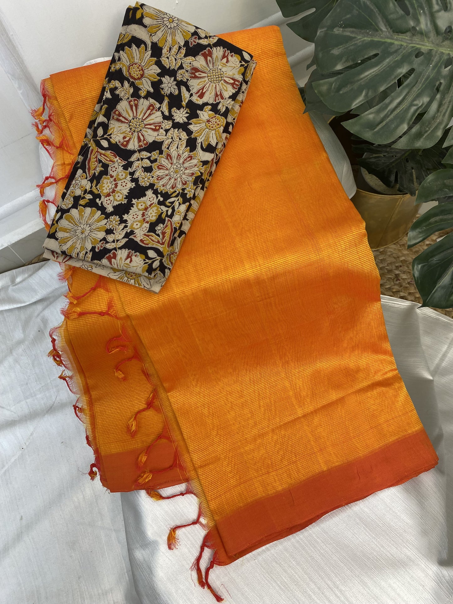 Orange Mangalgiri Plain Silk Saree with Work Blouse