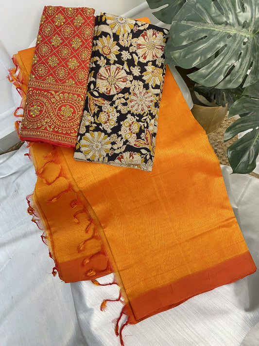 Orange Mangalgiri Plain Silk Saree with Work Blouse