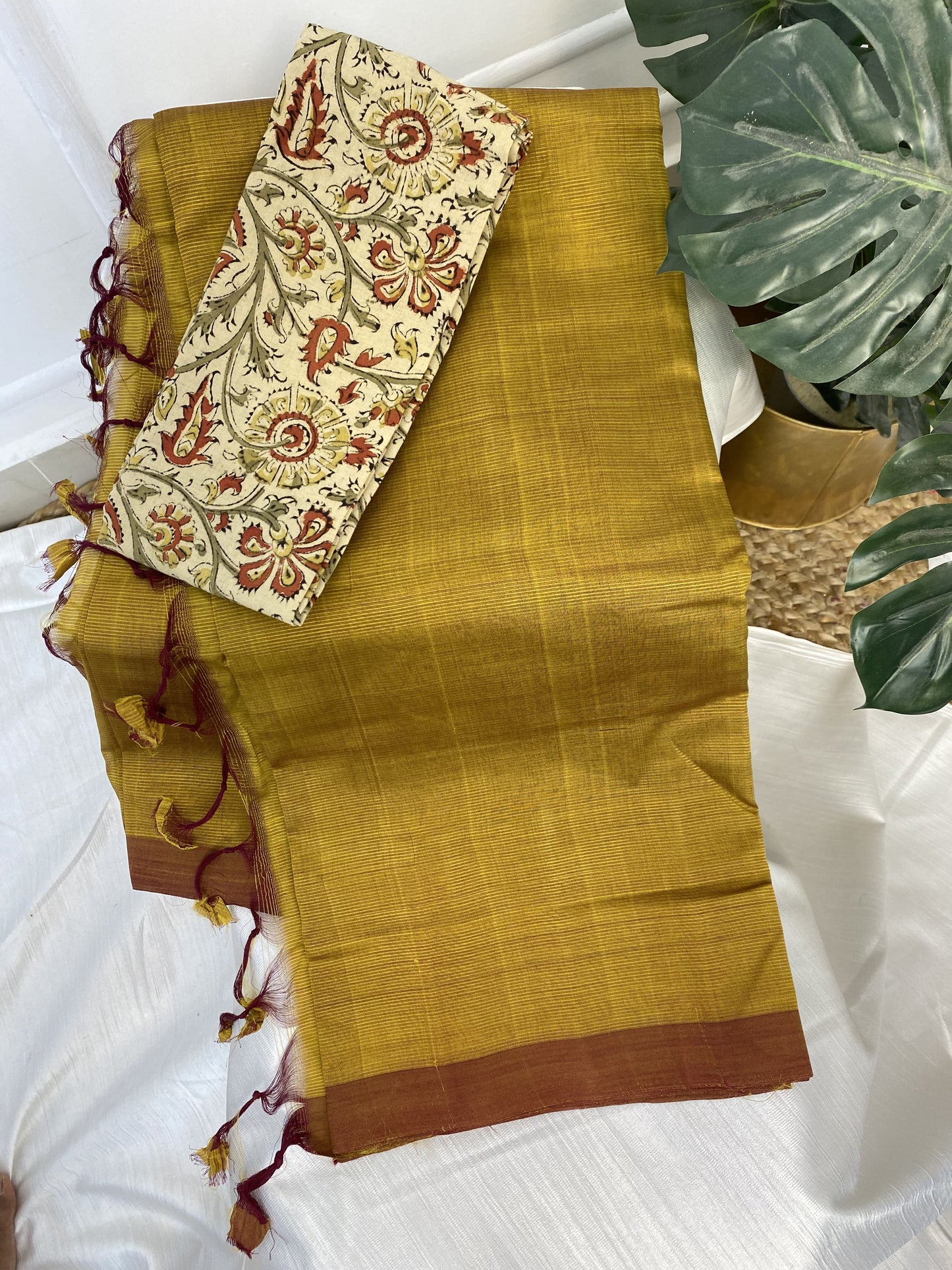 Golden Brown Mangalgiri Plain Silk Saree with Work Blouse