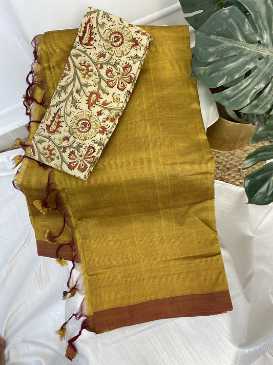 Golden Brown Mangalgiri Plain Silk Saree with Work Blouse