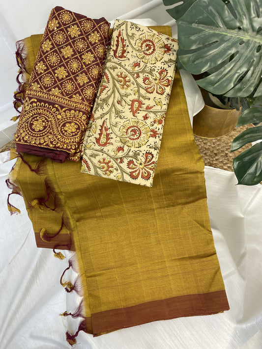 Golden Brown Mangalgiri Plain Silk Saree with Work Blouse