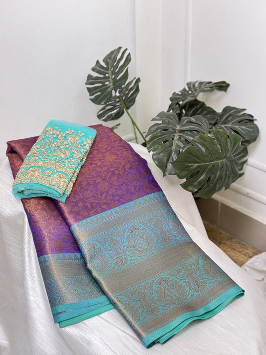 Purple RamaGreen Semi Kathan Saree With Work Blouse Combo.