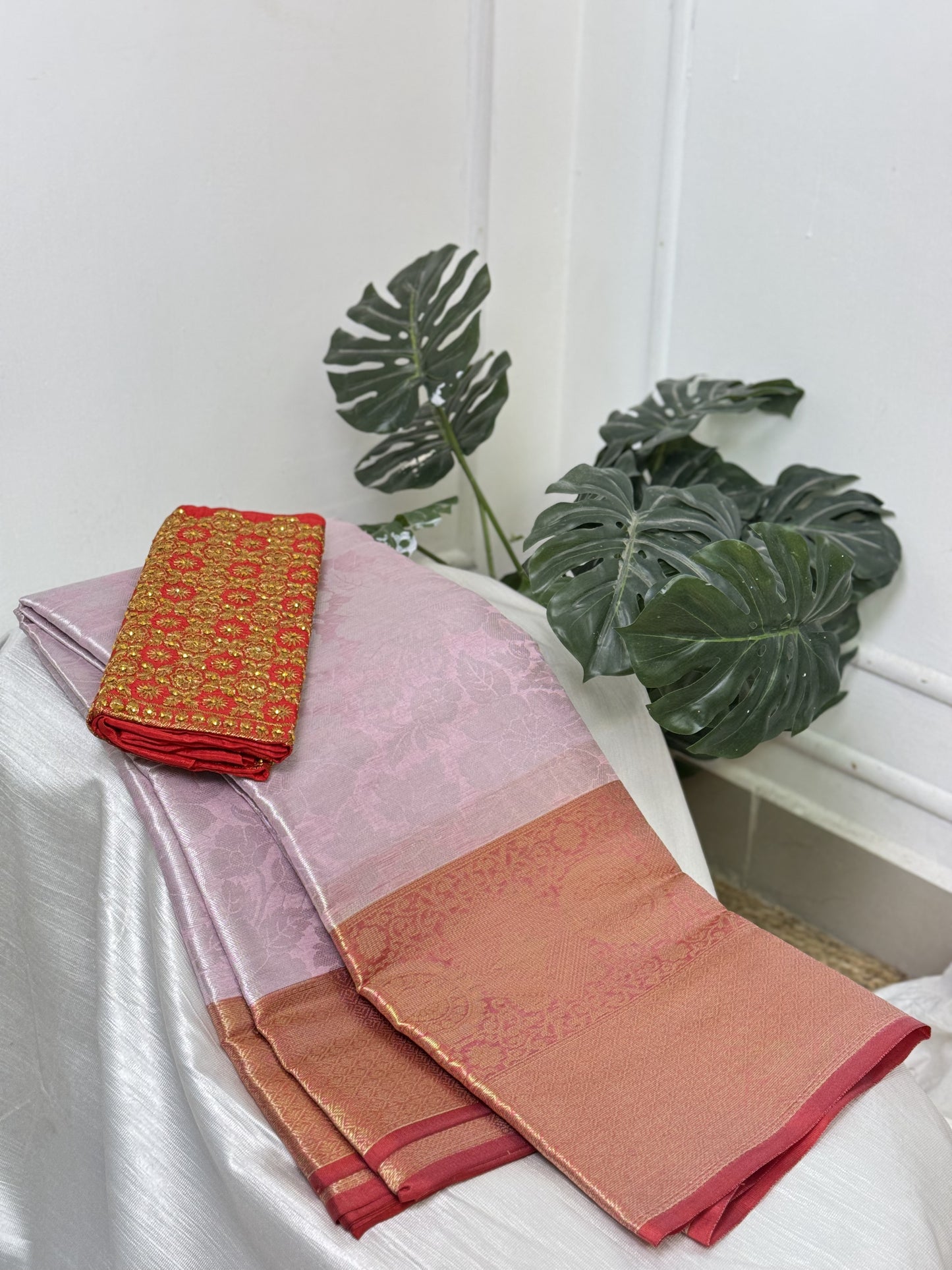 Pink Semi Kathan Saree With Work Blouse Combo