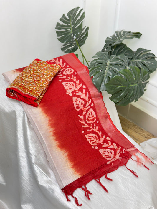 Half White Red Linen Saree With Work Blouse Combo