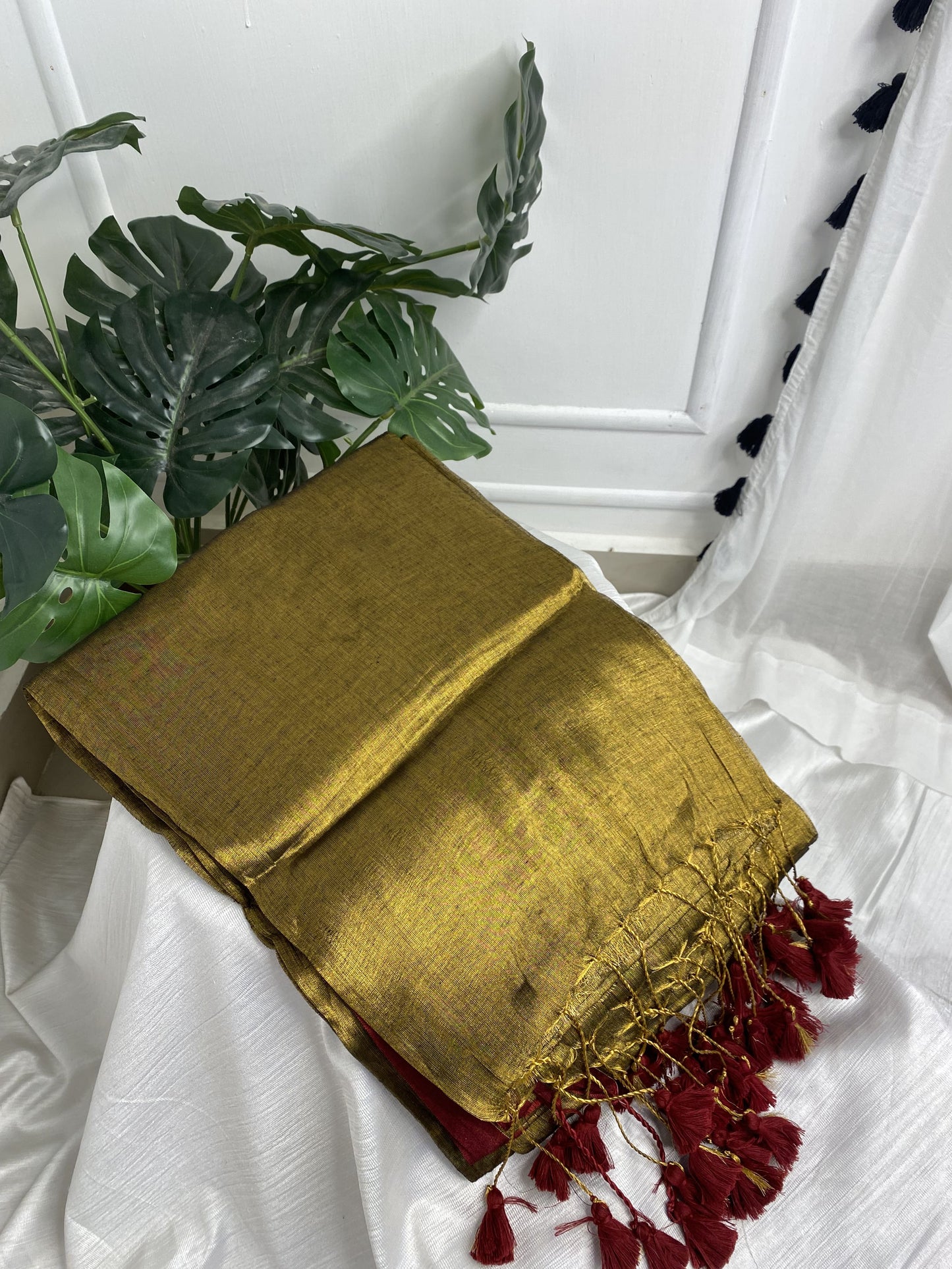 Golden Black maroon tassel Plain Tissue Saree