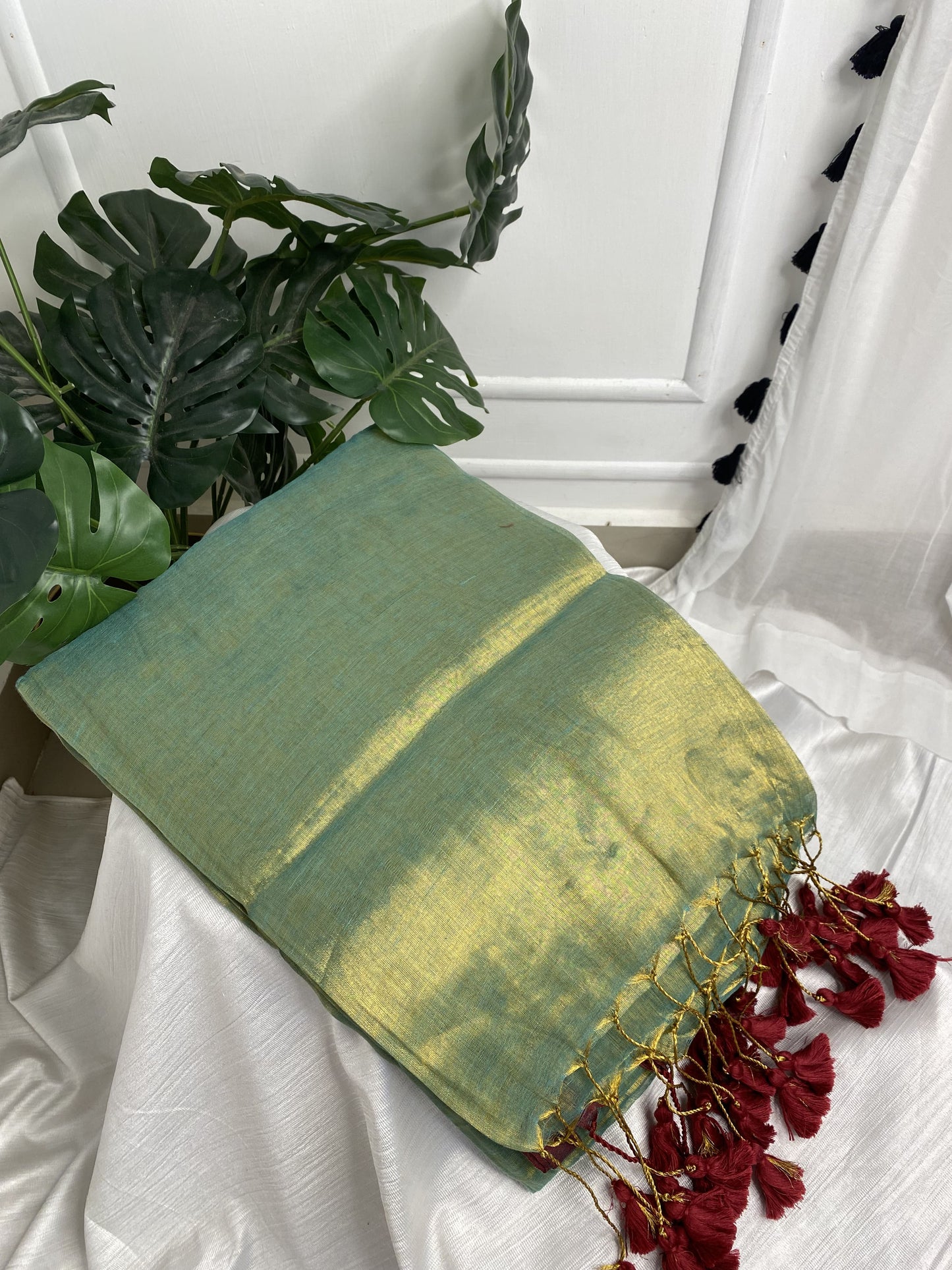 Light Rama green Maroon Tassels Plain Tissue Saree