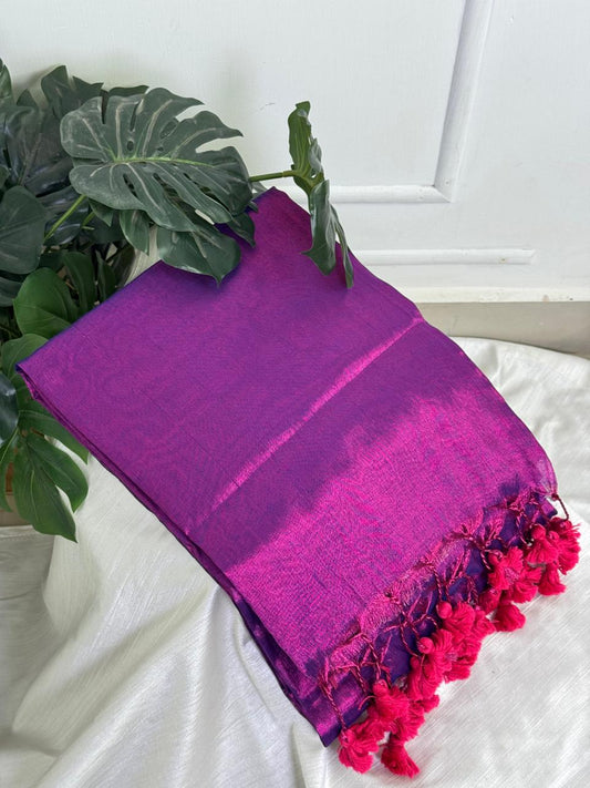 Purple Plain Khadi Tissue Saree with Pink Tassels