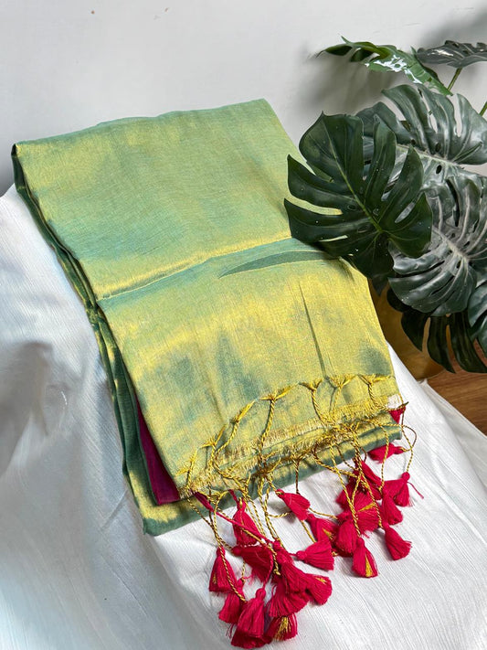 Rama Green, Pink Tassels Plain Khadi Tissue Saree