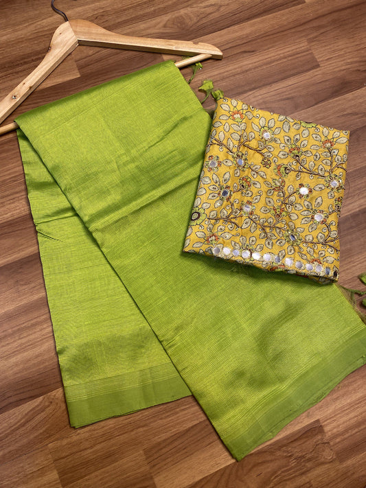 Parrot Green Mangalgiri Plain Silk Saree with Handwork Kalamkari Blouse