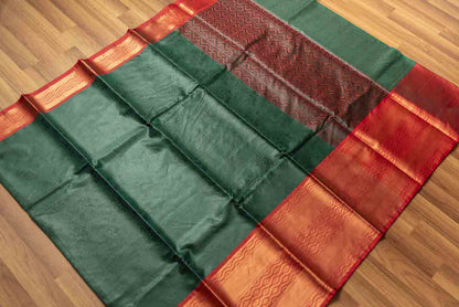 Dark Green & Red Big Border Kora Muslin Saree