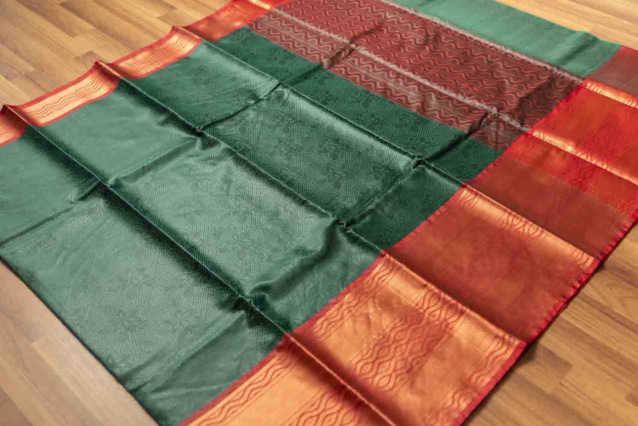 Dark Green & Red Big Border Kora Muslin Saree