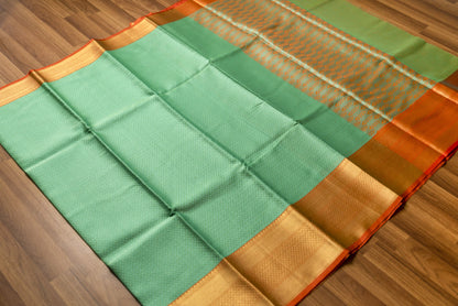 Rama Green & Orange Big Border Kora Muslin Saree