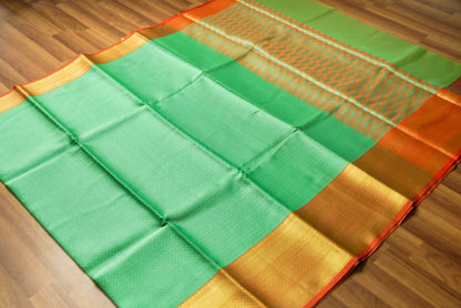 Rama Green & Orange Big Border Kora Muslin Saree