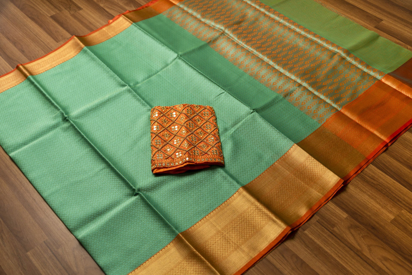 Rama Green & Orange Kora Muslin Saree with Work blouse combo